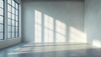 Sunlit empty room with large windows, casting shadows on the concrete floor and walls. Space is bright, minimal and spacious. photo