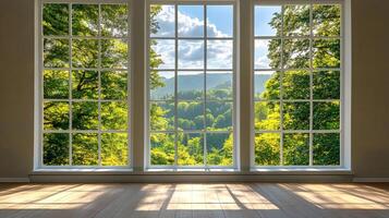 Bright sunlight streams through a multi-paned window, illuminating the wooden floor and offering a view of lush green trees and mountains. photo