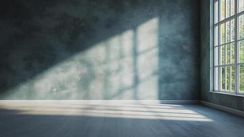 Sunlight streams through a window, casting patterned shadows on a textured wall in an otherwise empty room, creating a calming ambiance. photo