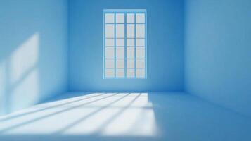 A light blue empty room features a window with sunbeams filtering through, creating strong light patterns on the floor in this minimal space. photo