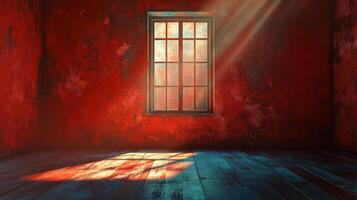 Sunlight streams through a window illuminating a distressed red room, creating a striking contrast of light and shadow on the weathered floor. photo