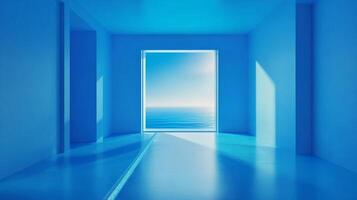 A serene, blue-toned architectural space with a window framing a seascape, blending indoor minimalism with an ocean view. Calming atmosphere. photo