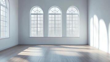 Bright and airy empty room featuring a wall with three arched windows, allowing sunlight to stream across the wooden floor. photo