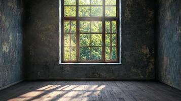 Sunlight streams through a window in a room with worn walls, creating a bright contrast against the dark interior and wooden floorboards. photo