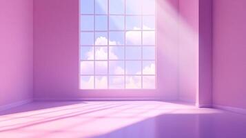 Sunlit serene space with soothing pink hues, expansive window with sky view, and calming light for introspection and peacefulness. photo