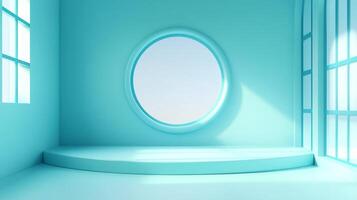 A minimalist teal room with a round window, offering a tranquil and bright atmosphere, ideal for showcasing products or creating a calming backdrop. photo