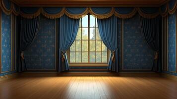 An ornate room with blue curtains framing a window. The polished floor reflects natural light streaming inside creating an open feel. photo
