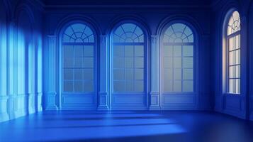 Classic interior with arched windows creates a sense of spaciousness and serenity in cool blue tones, light streaming in from the right. photo