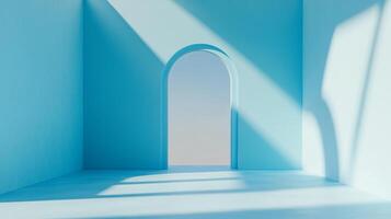 A minimalist rendering of an architectural space, bathed in a soft, cool light, highlighting the simple elegance of the curved doorway. photo