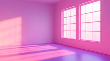 A bright pink room is illuminated by sunlight streaming through two large windows, casting shadows on the floor and creating a dreamy atmosphere. photo