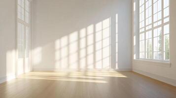 Sunlit minimalist room featuring hardwood floors, white walls, and large grid windows casting geometric light patterns across the space. photo
