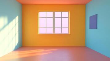A vibrant room with walls of yellow and blue hues, complemented by the soft glow of natural light through a window, creating a tranquil, modern space. photo