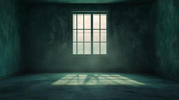 A dark and empty room with a barred window that allows light to stream in. A scene of desolation and introspection. Minimalist, monochromatic. photo