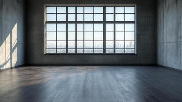 Modern interior space featuring concrete walls, dark wood flooring, and a large window overlooking a city skyline for an industrial style. photo