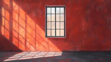 Sunlight streams through the window, casting geometric shadows on the textured red wall in an empty room, creating a dramatic effect. photo