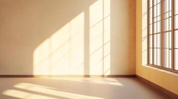 Sunlit room with beige walls, wooden trim, and large window casting geometric shadows. Light and shadows create visual interest in the room photo