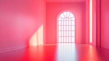 A vibrant pink room with natural light streaming through a grid-patterned window and reflecting off a high-shine floor, minimalist design. photo