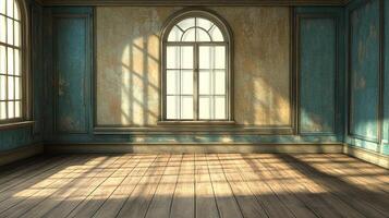 Sunlight streams through an arched window, illuminating an empty room with rustic, aged walls and wooden floors, creating an inviting ambiance. photo