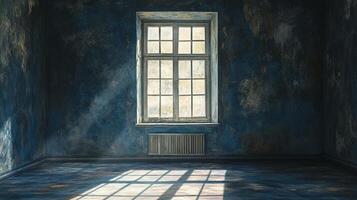 Sunlight streams through a gridded window in a distressed room, casting shadows and illuminating the aged texture of the walls and floor. photo