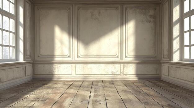 Sunlight streams into an empty room, illuminating its rustic wooden floor and paneled walls, creating a serene, inviting atmosphere. photo