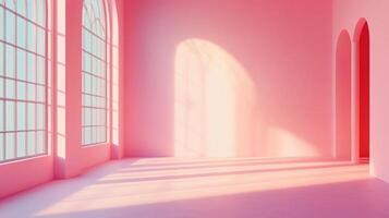 Minimalistic pink room with large arched windows letting in light, creating shadows on the floor and walls. Serene and aesthetically pleasing. photo