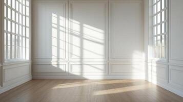 Bright white room illuminated by sunlight through large pane windows, reflecting on wood floor and paneled walls, casting shadows. photo