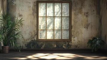Sunlit room with plants evokes tranquil ambiance. Natural light filters through a paneled window onto distressed walls creating a peaceful indoor scene. photo