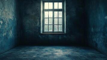 Dimly lit, empty room with a single, multi-paned window set against textured walls, creating a somber and isolated atmosphere. photo