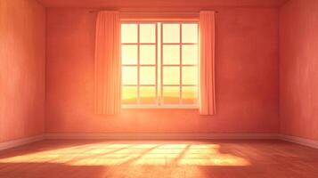 Sunlit room with peach walls and wooden floors. A window provides a golden view and casts shadows on the floor with curtains on either side. photo