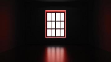 Illuminated window in a dimly lit room featuring a bright white light shining through panes with red trim. A mysterious and captivating scene. photo