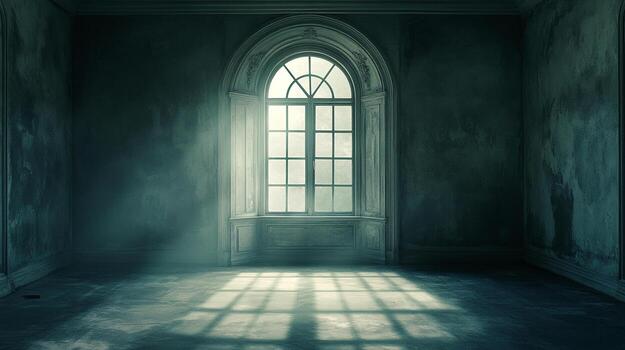 Light streams through an arched window, illuminating a dim, textured room with an ethereal glow, casting patterns on the floor. photo