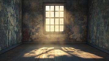 Sunlight streams through a window in a weathered room, casting shadows on the wooden floor and illuminating the textured walls with a soft glow. photo