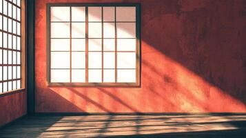 Sunlight streams through windows in this sparsely furnished room, creating shadow patterns on the textured red wall and wooden floor. photo