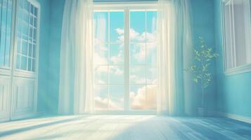 Bright interior with natural light streaming through a large window, offering a view of a cloud-filled sky, creating a serene atmosphere. photo