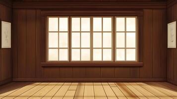 An interior view of a room with wooden paneling, a large window, and artwork. The floorboards show light patterns creating a warm atmosphere. photo