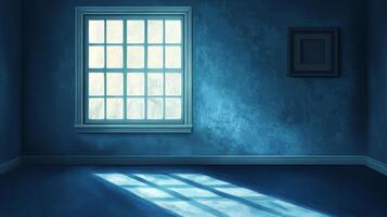Blue room illuminated by sunlight streaming through a multi-paned window, casting a grid-like pattern on the floor with a framed picture. photo