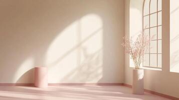 Minimalist room featuring soft sunlight through a window, casting shadows on a pastel wall and floor. A delicate floral arrangement adds charm. photo