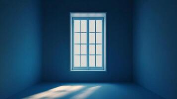 Sunlight streams through a paneled window, illuminating an empty blue room, casting light and shadows on the floor, simple yet powerful image photo