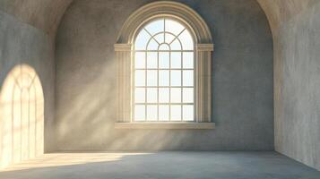Sunlight streams through an arched window into a large, empty room, highlighting the architecture and creating a sense of calm and serenity. photo