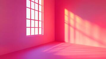 Vivid pink room with natural sunlight shining through a window creating a pattern of light and shadows on the walls and floor. photo