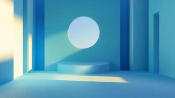 An abstract composition with a round window, cylinder platform, and light shafts in a surreal, modern blue room. Pure minimalist geometry. photo