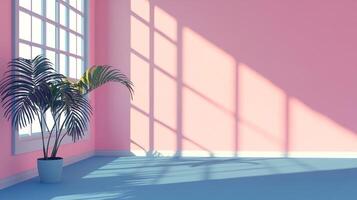 Minimalist room with plant, blue floor, pink walls. Sunlight streams through window creating shadows, enhancing the tranquil atmosphere. photo