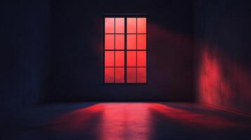 A window casts a striking red glow in the dimly lit room, creating a compelling play of light and shadow on the walls and floor. photo
