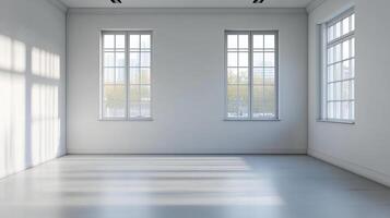Bright interior view with neutral tones, featuring natural light through divided windows, creating a serene and minimalist atmosphere. photo