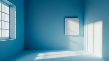 A softly lit room with pastel blue walls, a square painting, and a window casting light. Minimalist and bright. Serene scene. photo