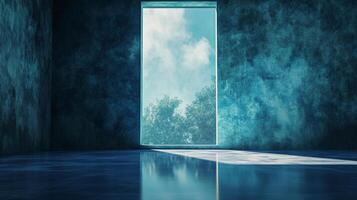 Abstract interior with blue walls and a glass window showing a sky view, creating a serene and reflective atmosphere. Peaceful setting. photo