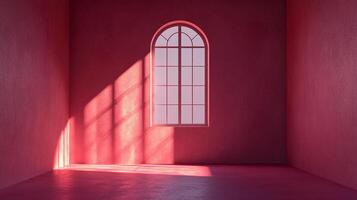A minimal red room featuring an arched window with light and shadow play, creating a visually striking interior scene. photo