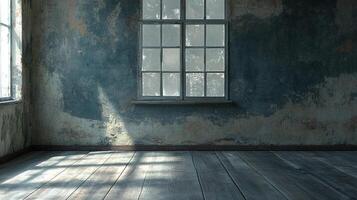 Sunlight streams into an old, abandoned room with weathered walls and a wooden floor, creating a serene yet melancholic atmosphere. photo