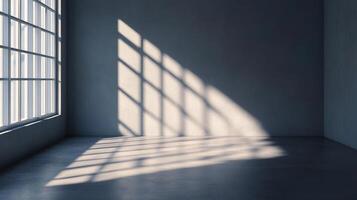 Light and shadow interplay create a calming atmosphere in an empty room, sunlight beaming through gridded windows onto a gray floor and wall. photo