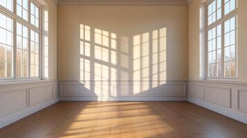 A sunlit room with large windows, casting geometric shadows on the cream wall and wood floor, creating a warm and inviting atmosphere. photo